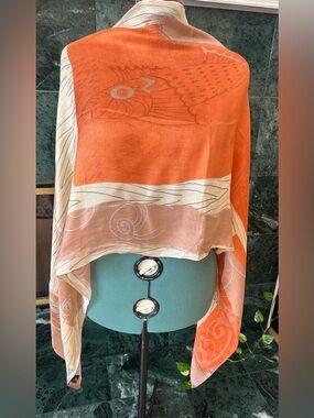 Lee Geon Maan Silk Scarf Abstract Koi Fish Calligraphy Art Orange Peach Textured